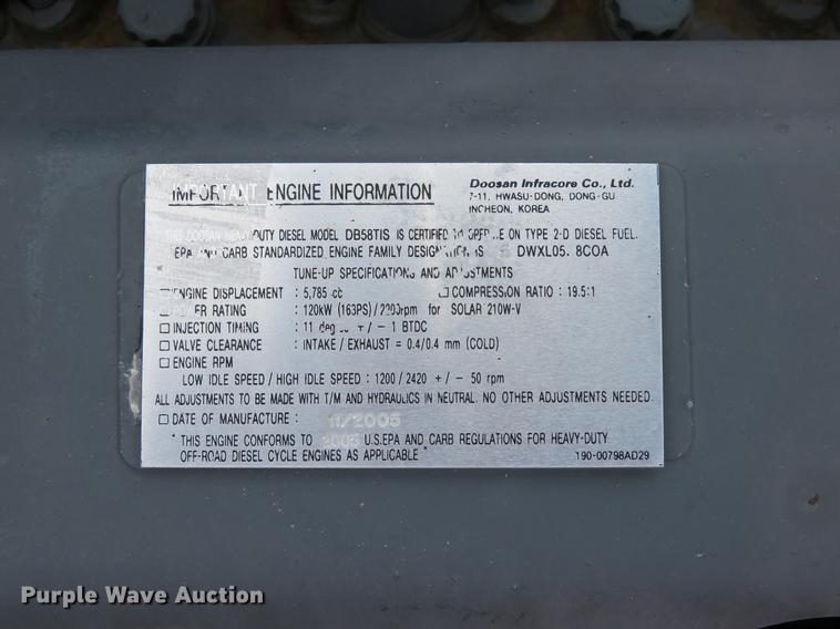 image for item DE8089 2006 Doosan Solar 210WV rubber tire excavator