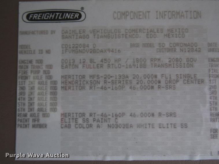 image for item DG1179 2011 Freightliner Coronado SD crane truck