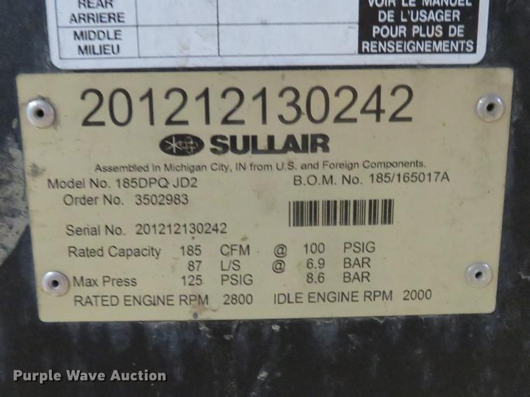 image for item EV9619 2012 Sullair 185DPQJD2 air compressor