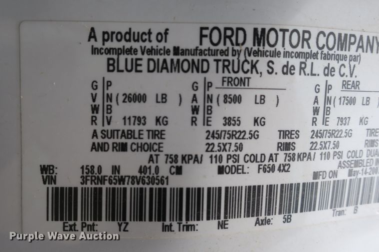 image for item EA9312 2008 Ford F650 Super Duty XLT truck cab and chassis