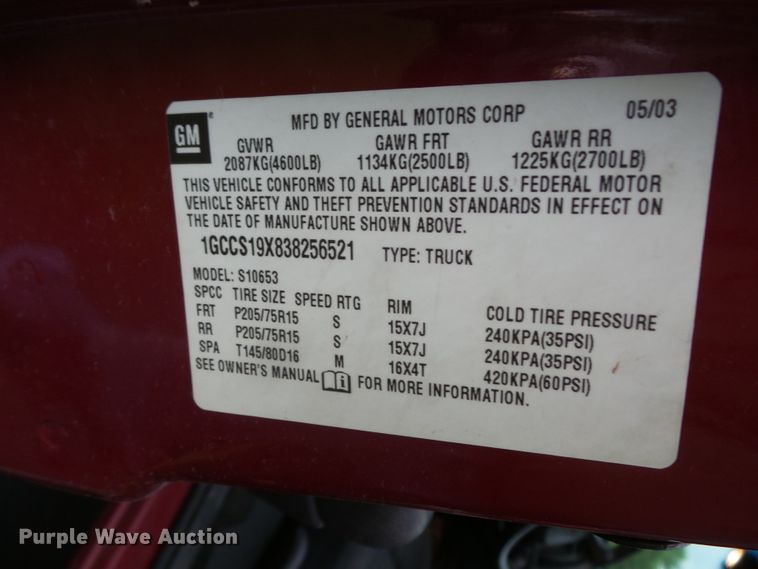 image for item DC4534 2003 Chevrolet S10 Ext. Cab pickup truck