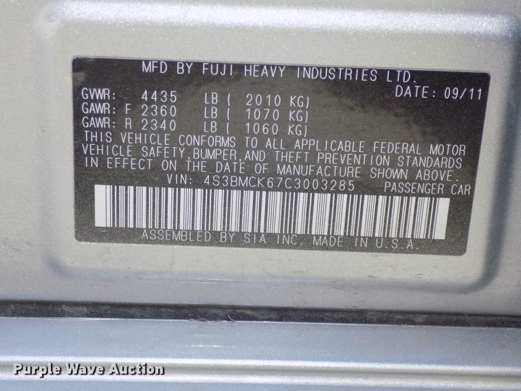 image for item DE7727 2012 Subaru Legacy