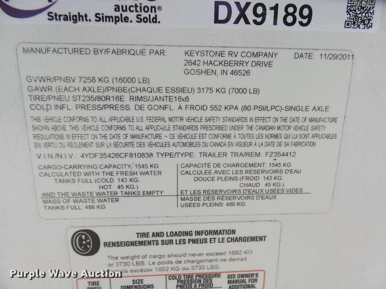 image for item DX9189 2012 Keystone Vizion camper