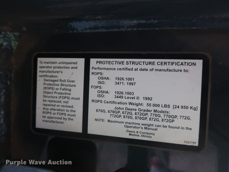 image for item DG3494 2011 John Deere 672GP motor grader