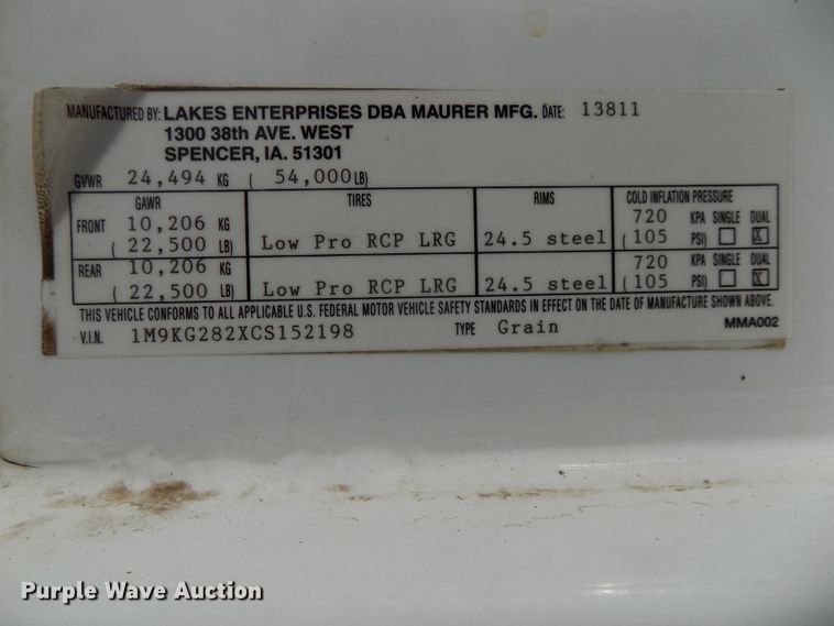 image for item DE7723 2012 Maurer 2812 single hopper grain trailer