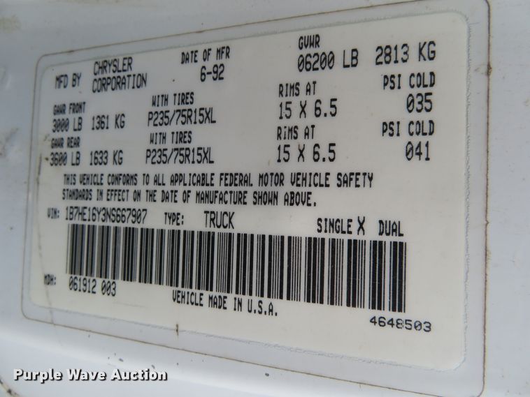 image for item DD7099 1992 Dodge D150 pickup truck