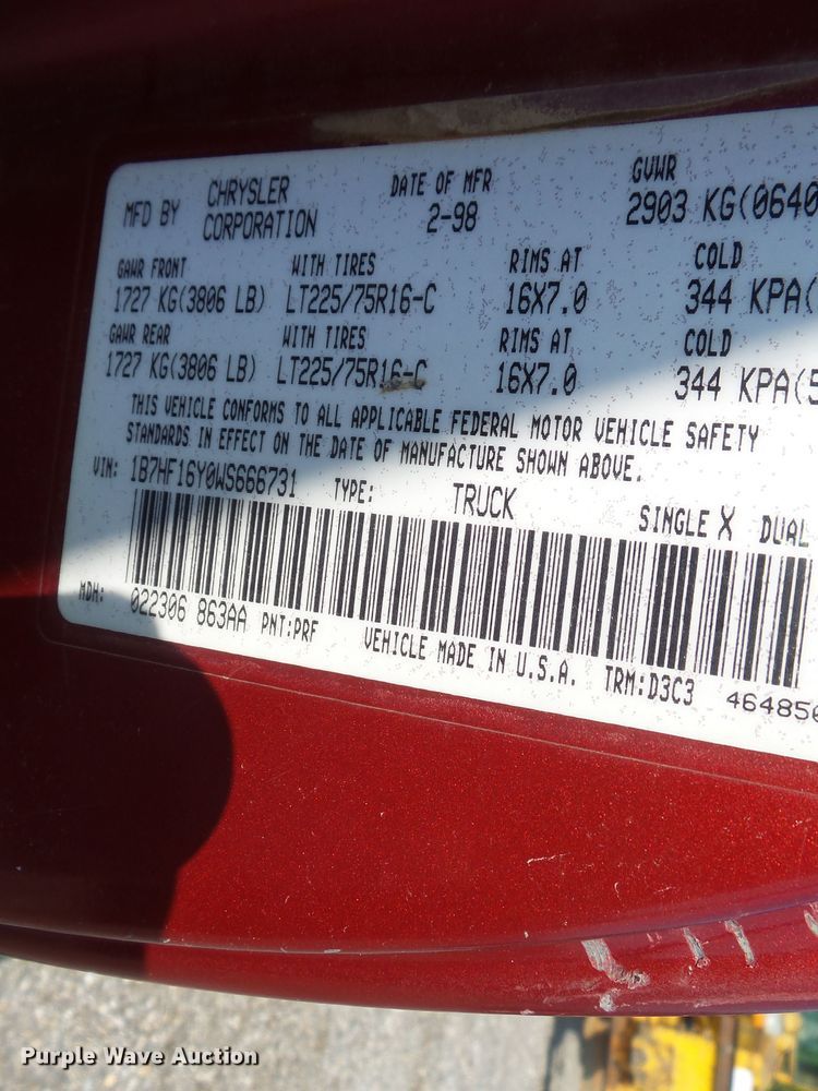 image for item DE7840 1998 Dodge Ram 1500 pickup truck