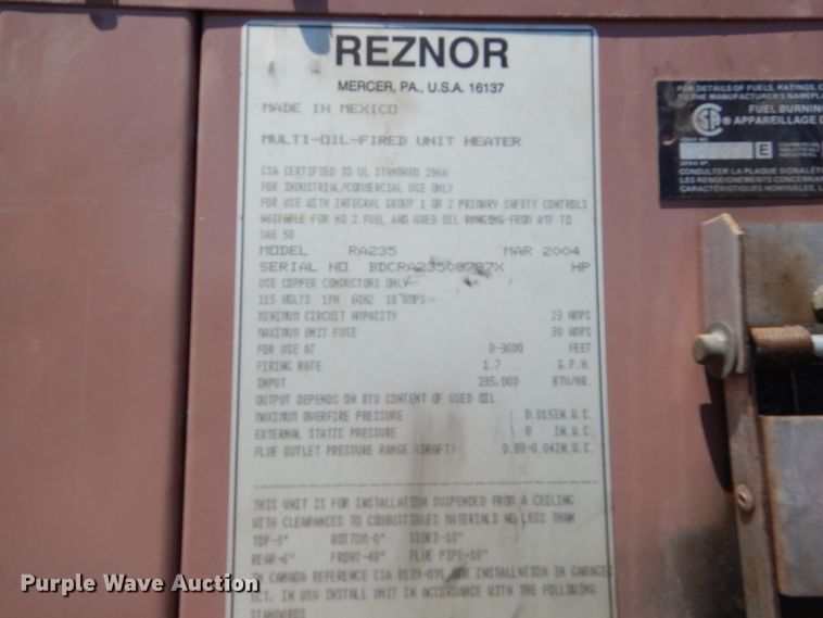 image for item ED9457 2004 Reznor RA235 oil heater