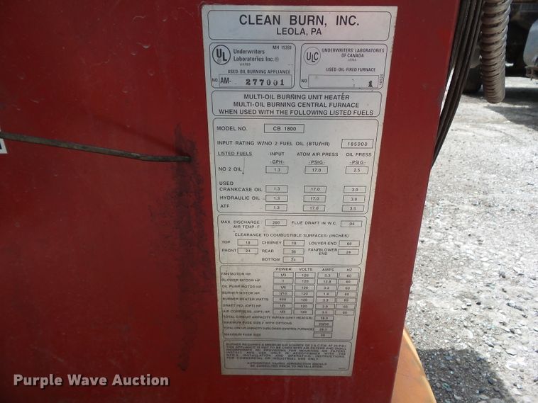 image for item EM9774 Clean Burn CB1800 multi oil furnace
