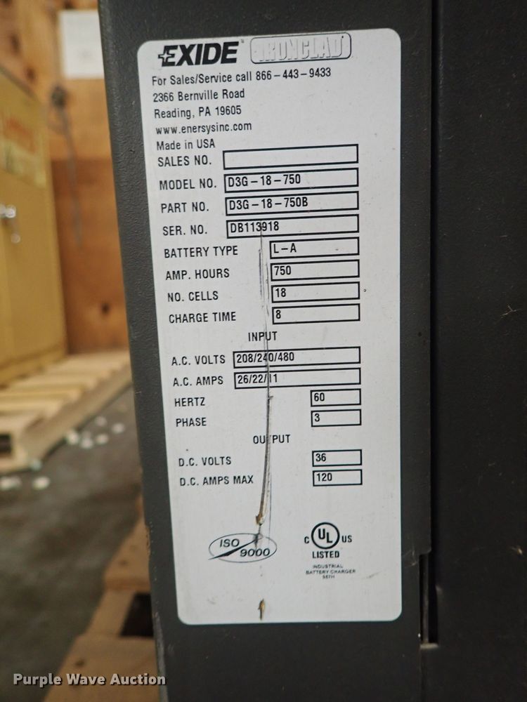 image for item FE9798 (2) Exide D3G-18-750 forklift battery chargers