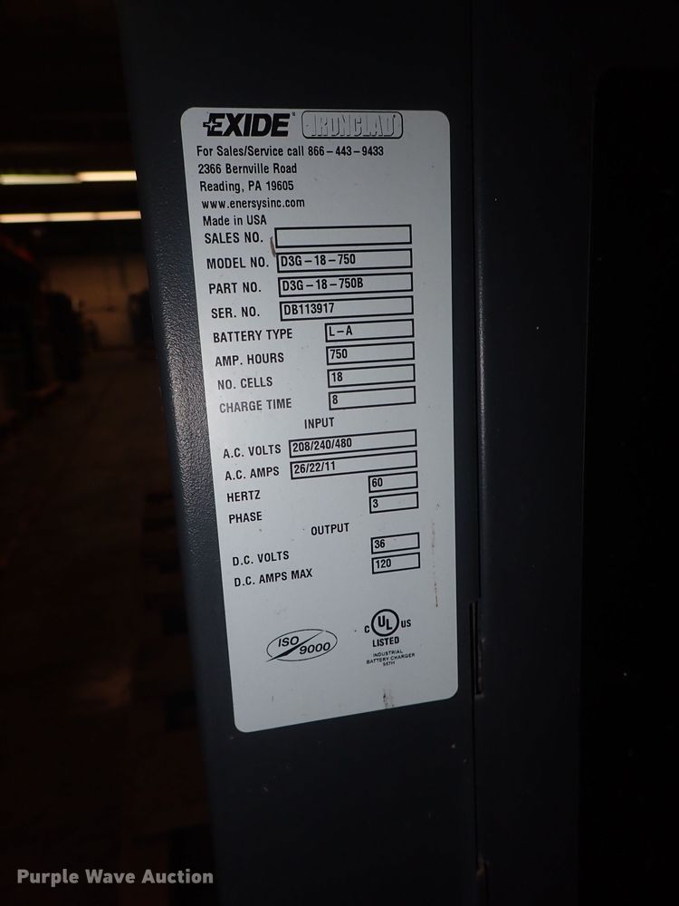 image for item FE9798 (2) Exide D3G-18-750 forklift battery chargers