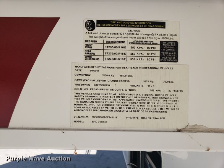 image for item FL9065 2012 Heartland Cyclone toy hauler camper