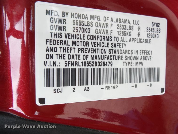 image for item FM9656 2002 Honda Odyssey van