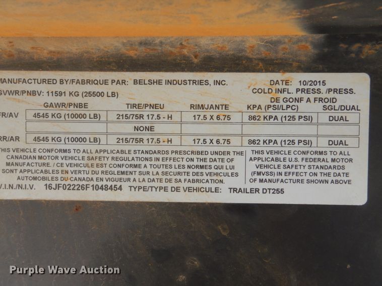 image for item FT9274 2015 Belshe DT255 equipment trailer