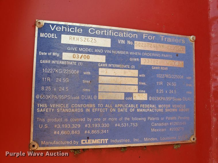 image for item GA9261 2000 Clemco RKHS2625 end dump trailer