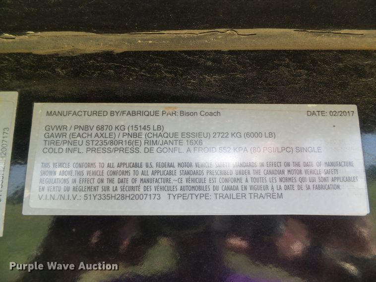 image for item DC5087 2017 Bison Coach horse trailer