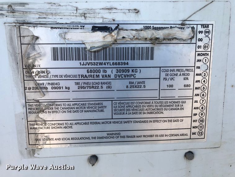 image for item G1852 2000 Wabash dry van trailer