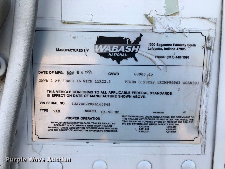 image for item G1867 1992 Wabash dry van trailer