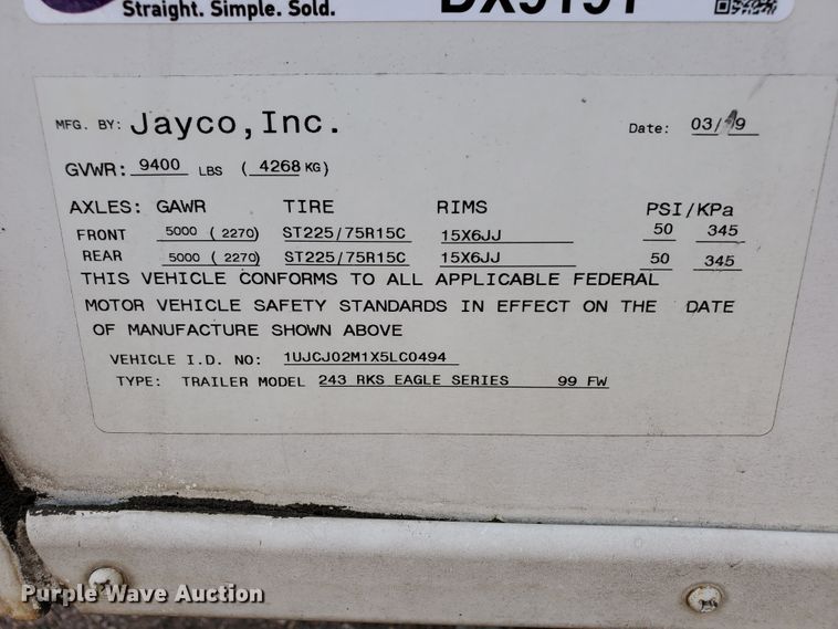 image for item DX9191 1999 Jayco 243RKS Eagle Series camper