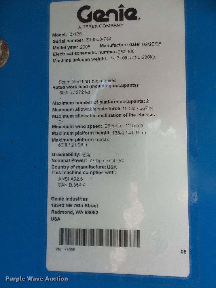 image for item DD6332 2008 Genie Z-135 boom lift