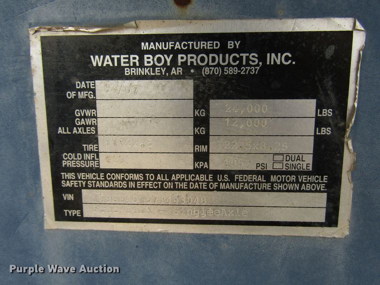 image for item DG1342 2007 Water Boy Products frac tank trailer