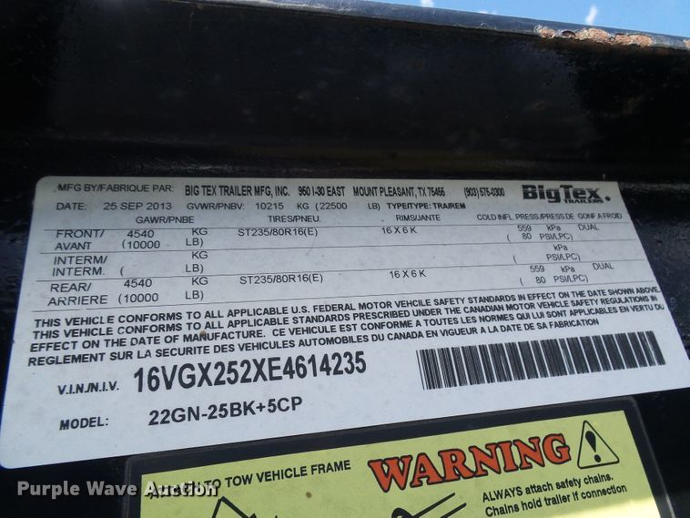 image for item DI0565 2014 Big Tex 22GN equipment trailer