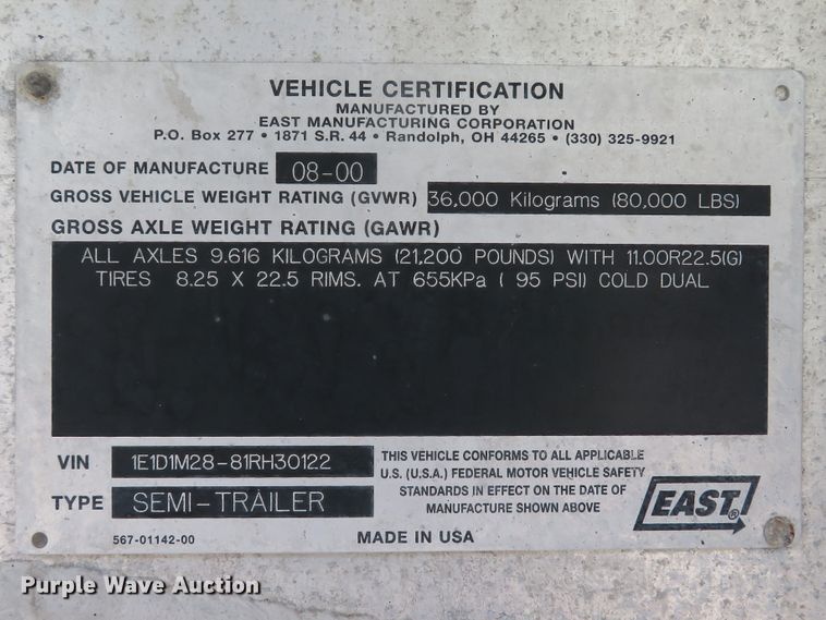 image for item DE8217 2001 East end dump trailer