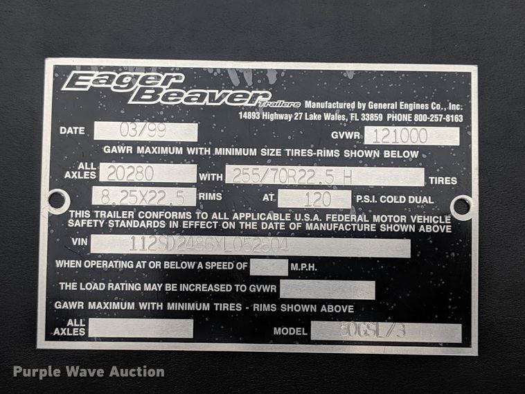 image for item DG4035 1999 Eager Beaver 50GSL/3 equipment trailer