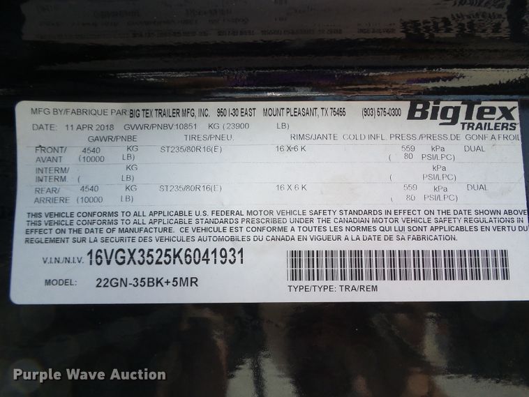 image for item DC5085 2018 Big Tex 22GN-35BK-5MR equipment trailer