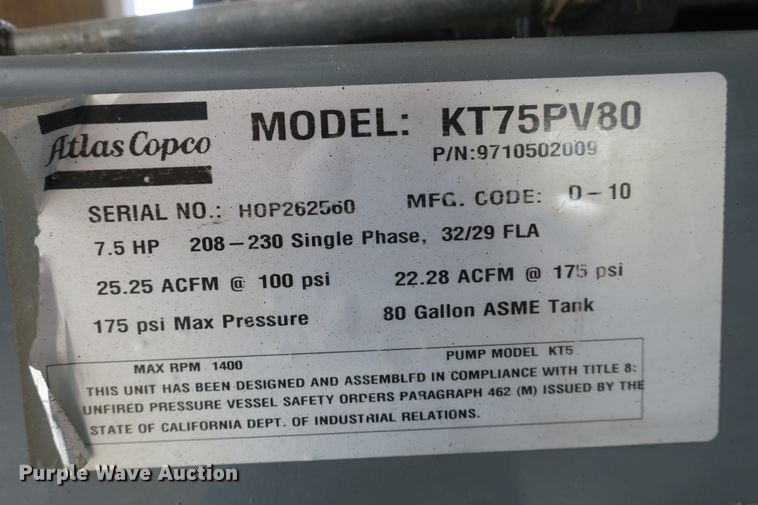 image for item EA9366 Atlas Copco KT75PV80 air compressor