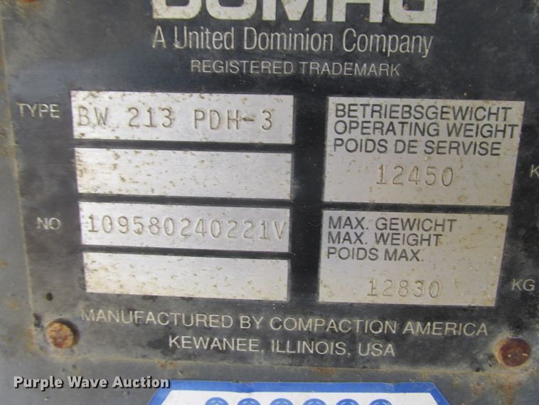 image for item DA8326 1998 Bomag BW213PDH-3 single drum vibratory roller