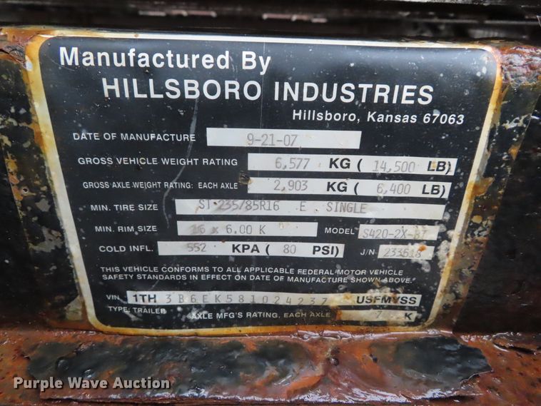 image for item DD6381 2008 Hillsboro S420-2X-BT equipment trailer