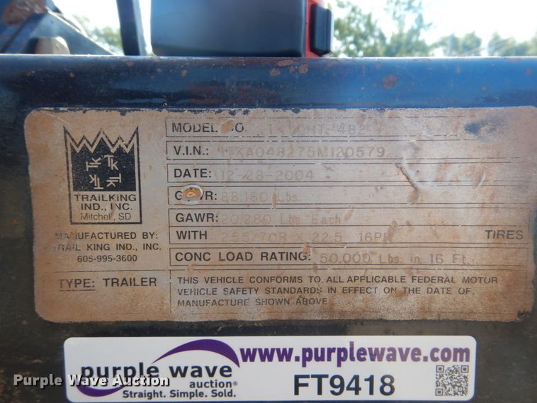 image for item FT9418 2005 Trail King TK70HT482 drop deck equipment trailer