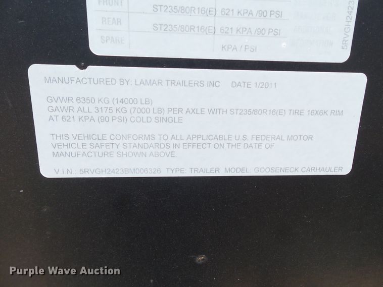 image for item FL9353 2011 Lamar equipment trailer