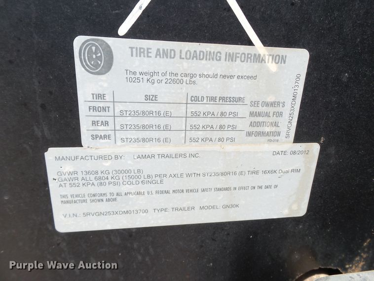 image for item FL9354 2013 Lamar equipment trailer