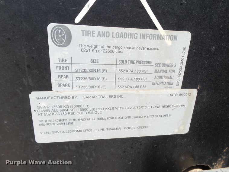 image for item FL9354 2013 Lamar equipment trailer