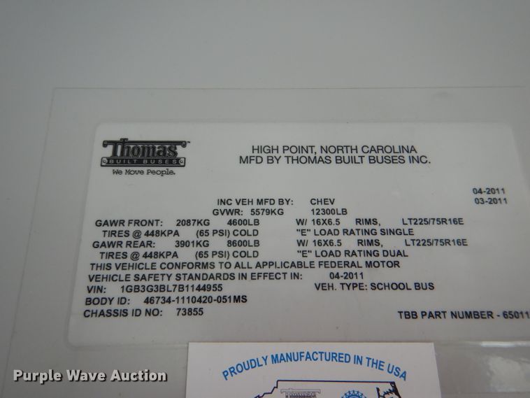 image for item DG4865 2011 Chevrolet Express G3500 Thomas school bus