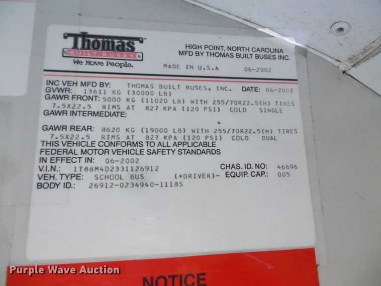 image for item FU9302 2003 Thomas Built Saf-T-Liner MVP EF school bus