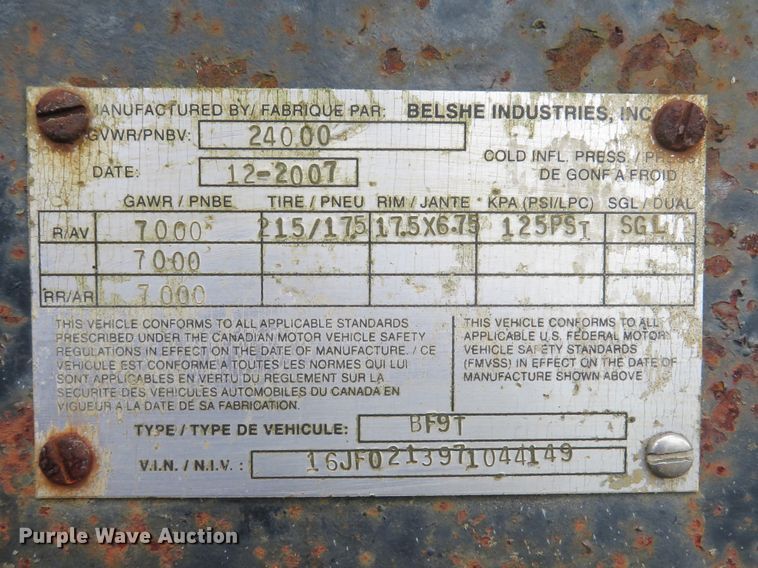 image for item DH1506 2007 Belshe BF9T equipment trailer
