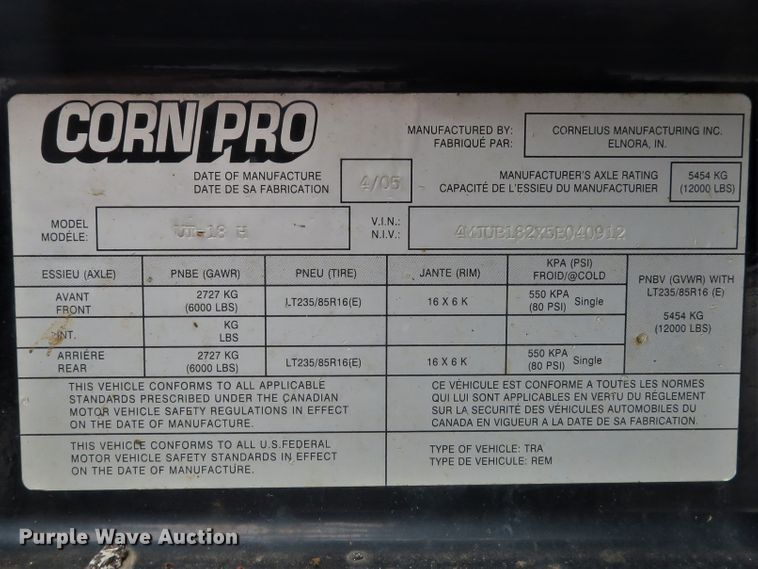 image for item EV9735 2005 Corn Pro UT-18H utility trailer