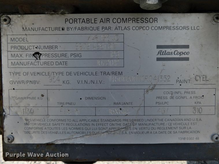 image for item DH1521 2012 Atlas Copco XAS185JD7 air compressor