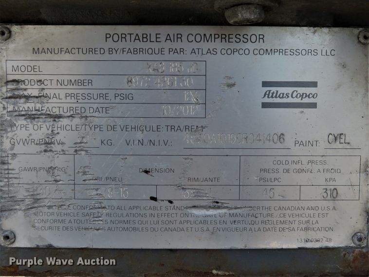 image for item DH1522 2012 Atlas Copco XAS185JD7 air compressor