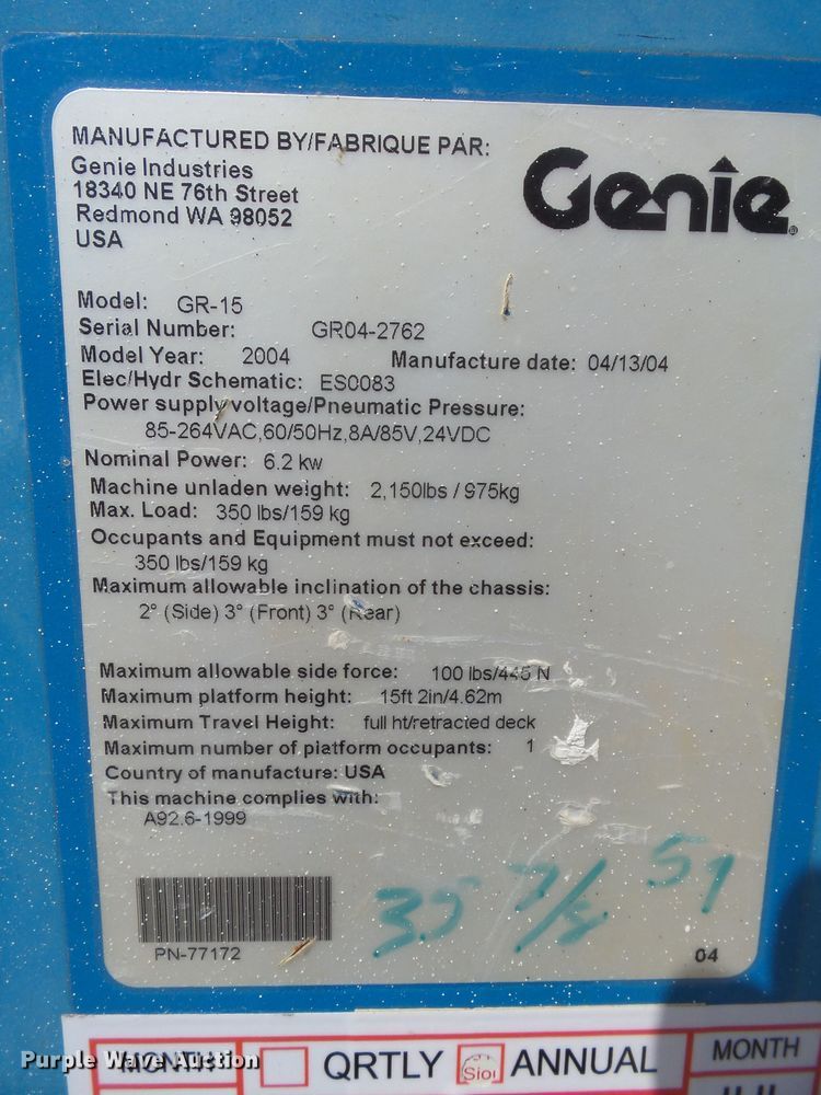 image for item EF9535 2004 Genie GR15 vertical lift