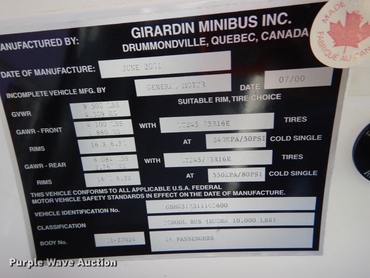 image for item GH9654 2001 Chevrolet Express 3500 Girardin school bus