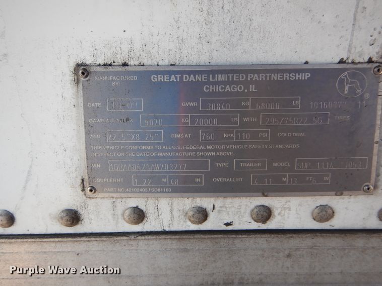image for item DH6106 2010 Great Dane SUP-1114-11053 refrigerated van trailer
