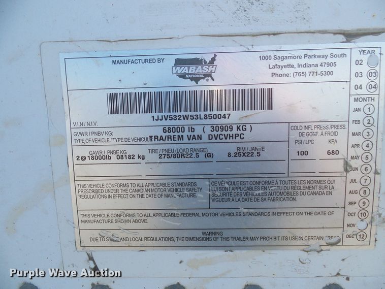 image for item DI0618 2003 Wabash DVCVHP dry van trailer