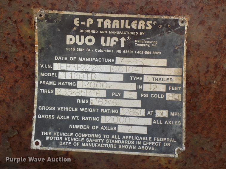 image for item DE7776 1996 EP Duo Lift T120TB utility trailer