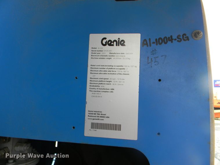 image for item G1935 2002 Genie S-125 boom lift