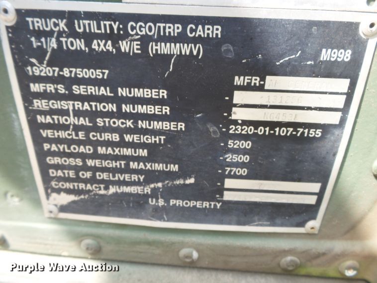 image for item DE7966 1992 Am General Hummer H1 SUV