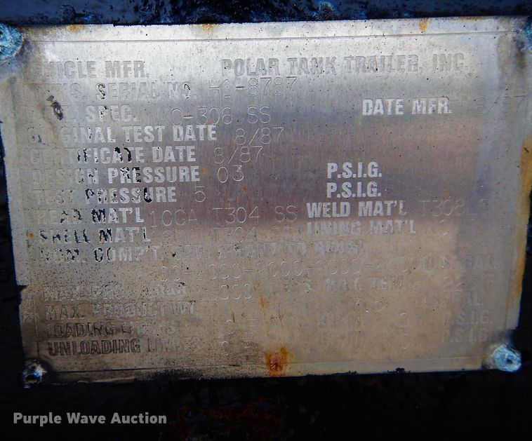 image for item DH2042 1987 Polar Tank Trailers Inc tank trailer